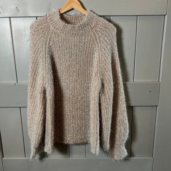 See and Be Seen Women's Silver Metallic and Tan Eyelash Sweater Size L NEW - Picture 1 of 8